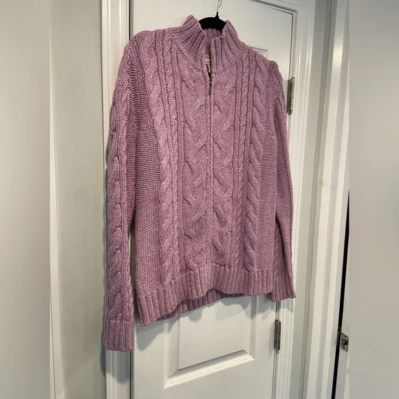 L.L. Bean Size M Lavender Long Sleeve Cable Knit Full Zip Mock Neck Cardigan - Picture 4 of 12